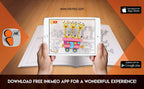The image depicts two hands holding a tablet displaying a picture from a sheet attached to the wall. The description encourages scanning the image to enjoy the AR experience.