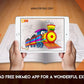 The image depicts two hands holding a tablet displaying a picture from a sheet attached to the wall. The description encourages scanning the image to enjoy the AR experience.