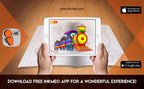 The image depicts two hands holding a tablet displaying a picture from a sheet attached to the wall. The description encourages scanning the image to enjoy the AR experience.