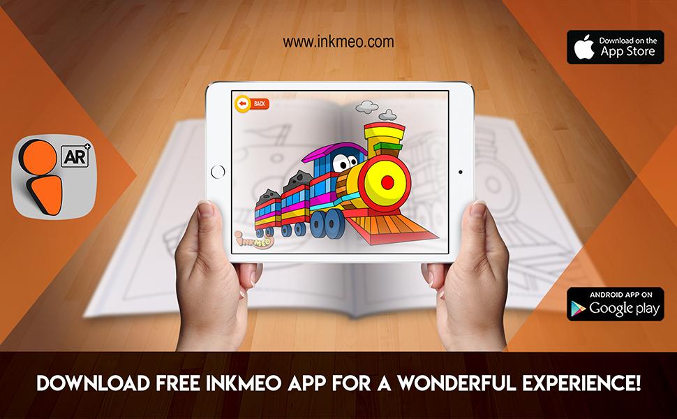 The image depicts two hands holding a tablet displaying a picture from a sheet attached to the wall. The description encourages scanning the image to enjoy the AR experience.