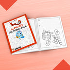 The image displays a red background with an open book filled with pictures.