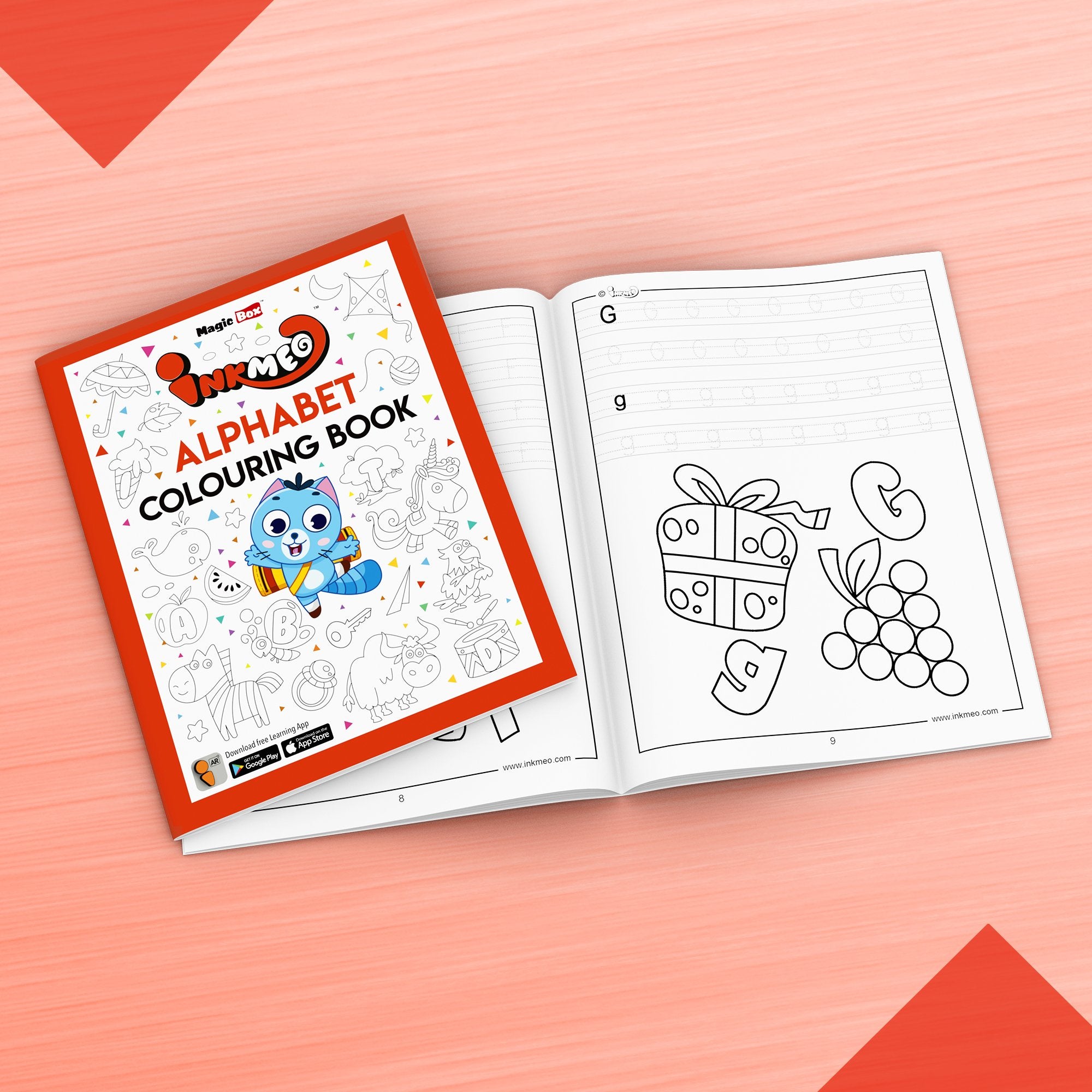 The image displays a red background with an open book filled with pictures.