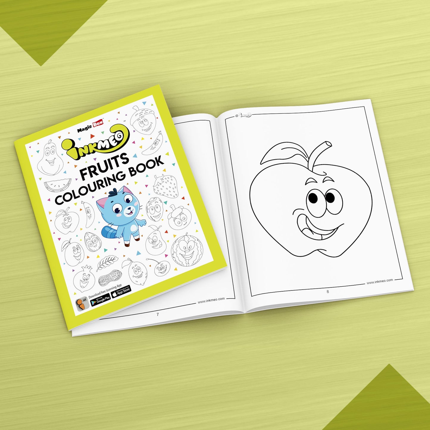 The image displays a green background with an open book filled with pictures .