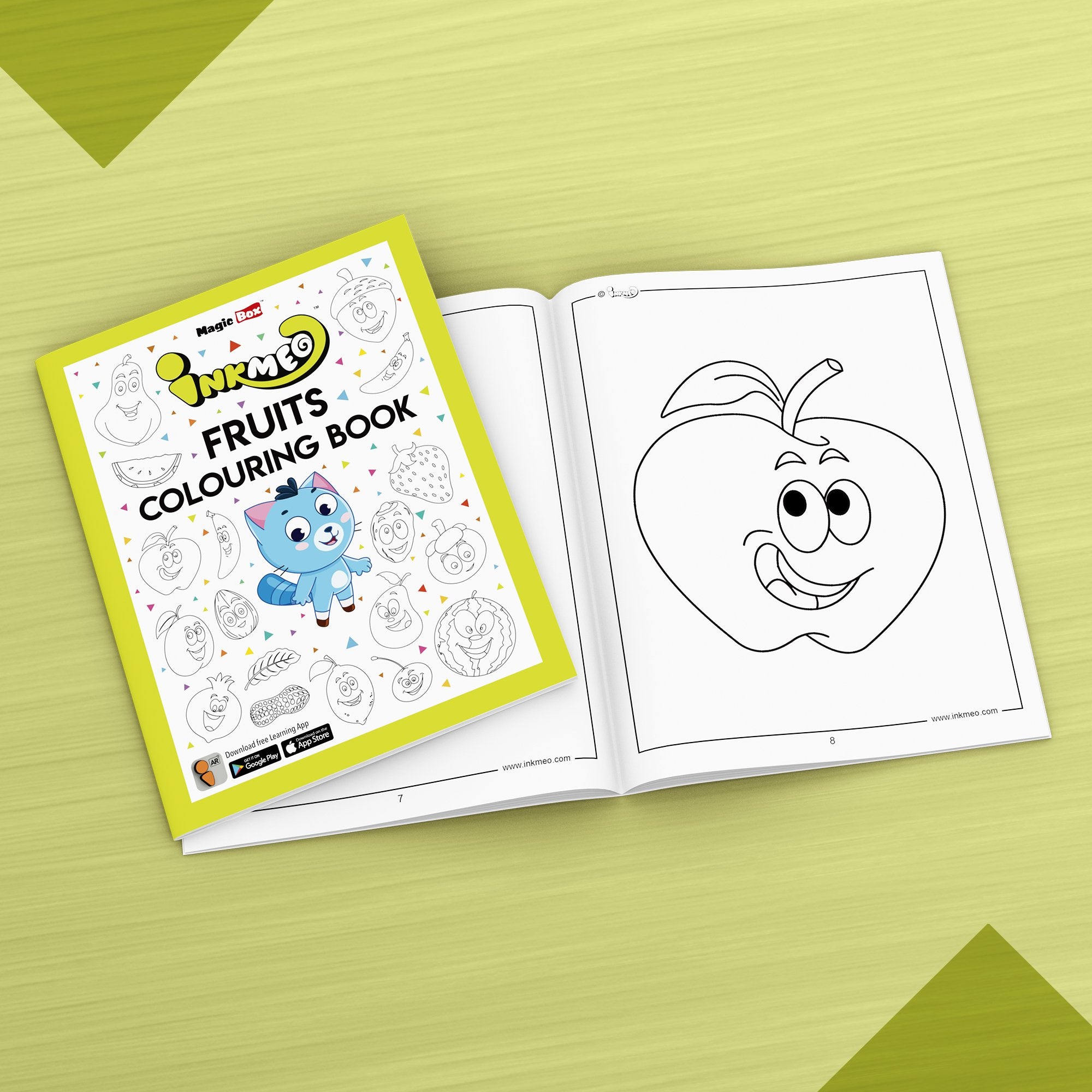 The image displays a green background with an open book filled with pictures .