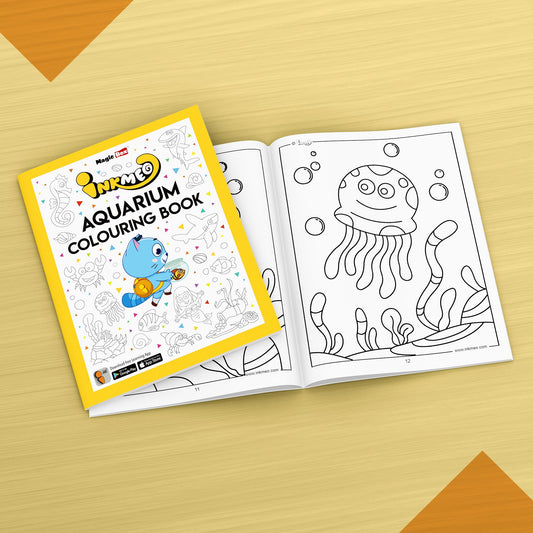 The image displays a yellow background with an open book filled with pictures.