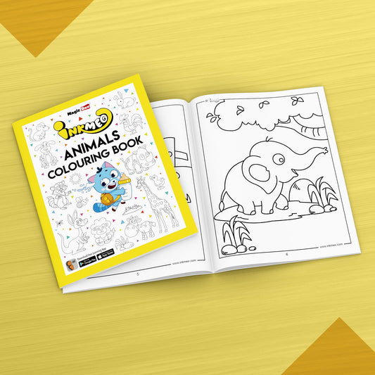 The image displays a yellow background with an open book filled with pictures.