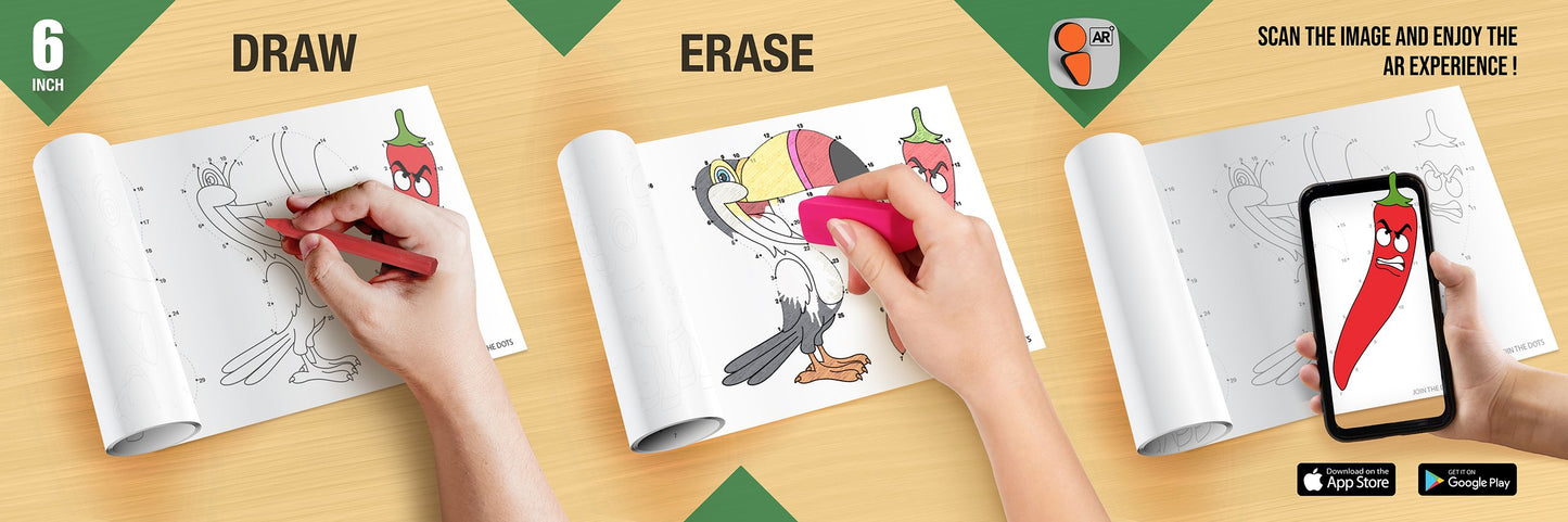 The image depicts three pictures: the first picture shows coloring with crayons, the second image portrays erasing with a normal eraser, and the third image shows scanning the image to enjoy the AR experience.