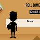 The image shows a brown background with a ruler indicating child and adult height on an 12*84 inch paper roll dimension.