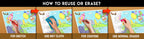 The image has a brown background with four pictures demonstrating how to reuse or erase: the first picture depicts sketching on the transport sheet, the second shows using a wet cloth to remove sketches, the third image displays crayons colouring on the transport sheet, and the fourth image illustrates erasing crayons with a regular eraser.