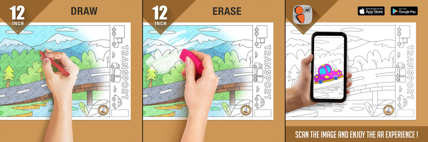 The image depicts three pictures: the first picture shows coloring with crayons, the second image portrays erasing with a normal eraser, and the third image shows scanning the image to enjoy the AR experience.