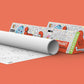 The image depicts two 12*84-inch red triangular alphabets boxes placed alongside each other, with a sheet rolled out next to them.