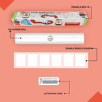 The image depicts a red background with a single triangular box, a coloring roll, 6 double-sided stickers, 12 colored crayons, and an activation code.