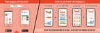 The image has a red background which is divided into two parts. The first part shows a free mobile application for downloading the Inkmeo app in the App Store and Google Store. The second part shows four mobile phones with the caption "To open the Inkmeo app, select your product category, select your product, and enter the code & click validate.