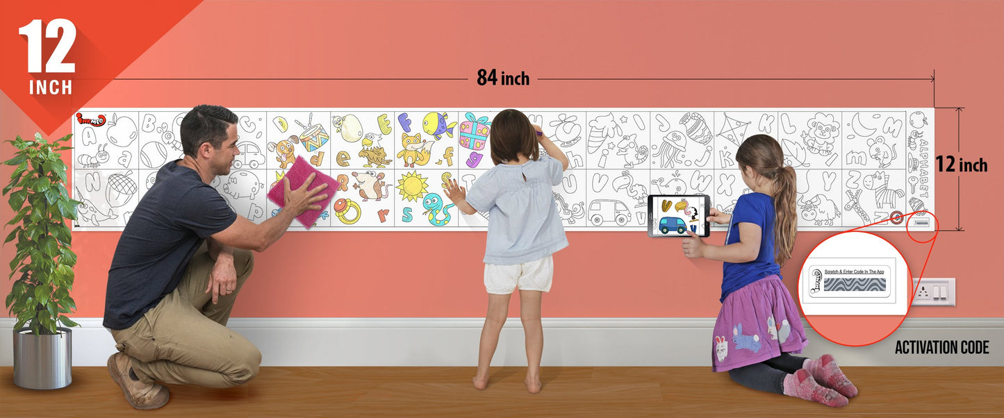 The image depicts a father and his two daughters enjoying a bonding moment while colouring alphabets sheet attached to the wall.