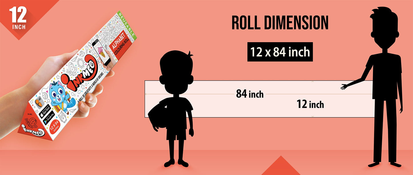 The image depicts a red background with a ruler showing a child's height next to a 12*84 inches paper roll attached to the wall, alongside a picture of a box dimension.