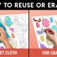 The image has a red background with four pictures demonstrating how to reuse or erase: the first picture depicts sketching on the sheet, the second shows using a wet cloth to remove sketches, the third image displays crayons colouring on the sheet, and the fourth image illustrates erasing crayons with a regular eraser