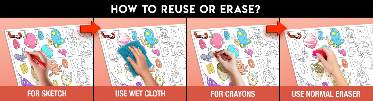 The image has a red background with four pictures demonstrating how to reuse or erase: the first picture depicts sketching on the sheet, the second shows using a wet cloth to remove sketches, the third image displays crayons colouring on the sheet, and the fourth image illustrates erasing crayons with a regular eraser