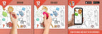 The image has a red background with four pictures demonstrating how to reuse or erase: the first picture depicts sketching on the alphabets sheet, the second shows using a wet cloth to remove sketches, the third image displays crayons colouring on the alphabets sheet, and the fourth image illustrates erasing crayons with a regular eraser.