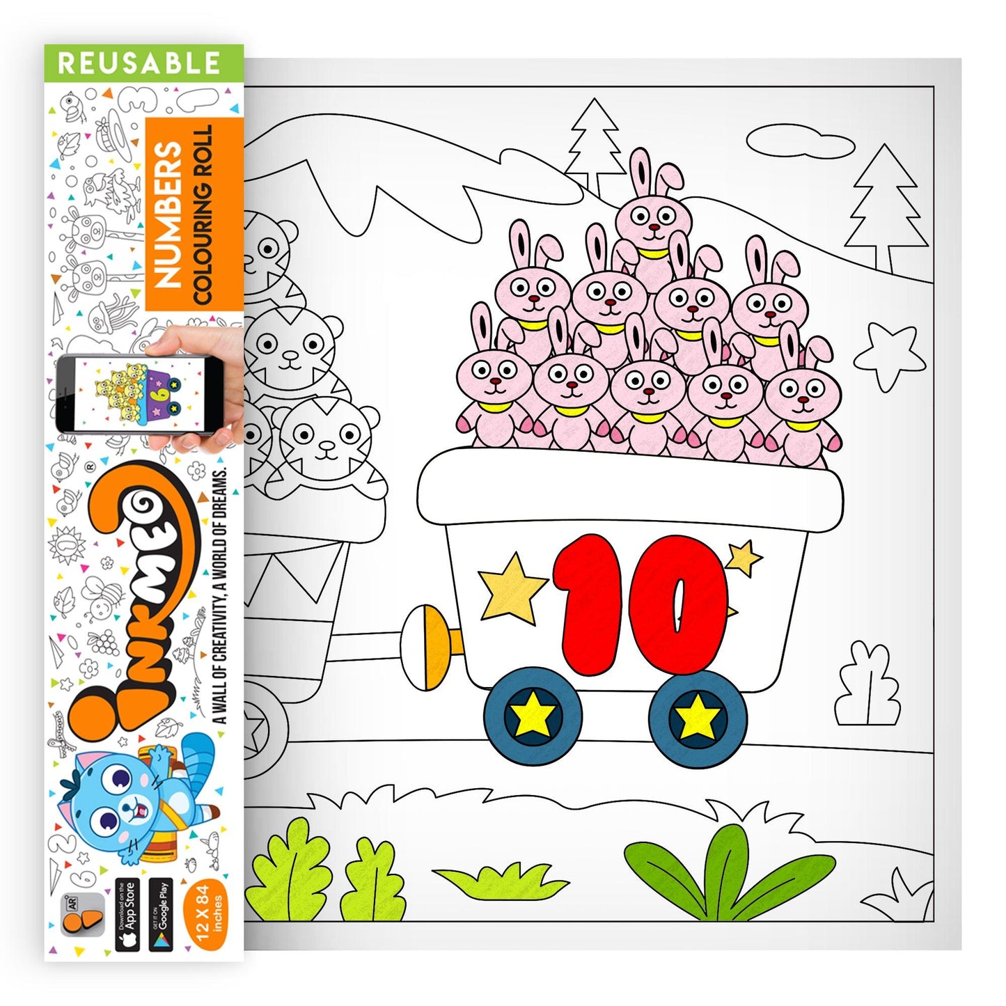 The image depicts a roll being pulled out from the triangular box, displaying colourful pictures.