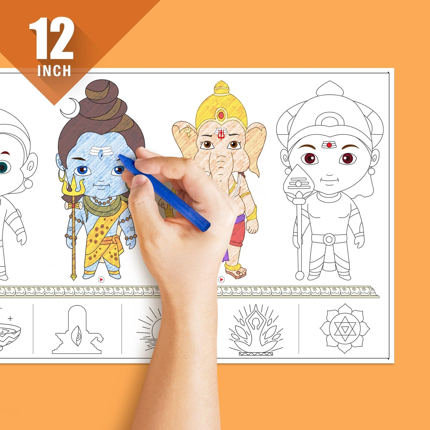 The image depicts a hand colouring a book with sketch