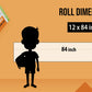 The image shows an orange background with a ruler indicating child and adult height on an 12*84 inch paper roll dimension.