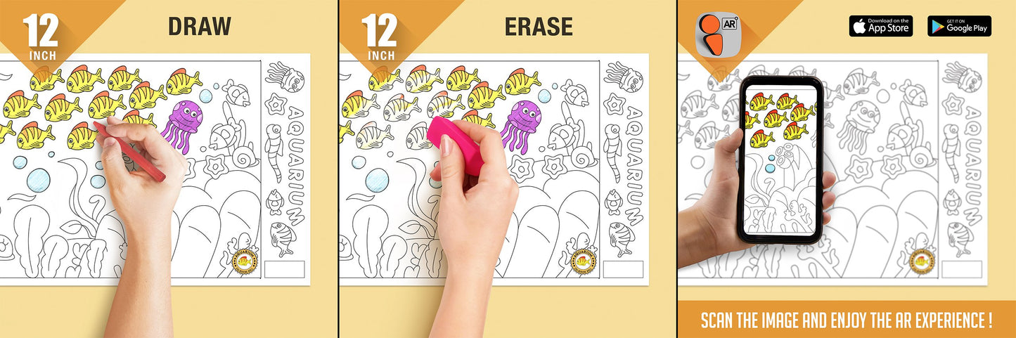 The image depicts three pictures: the first picture shows coloring with crayons, the second image portrays erasing with a normal eraser, and the third image shows scanning the image to enjoy the AR experience.