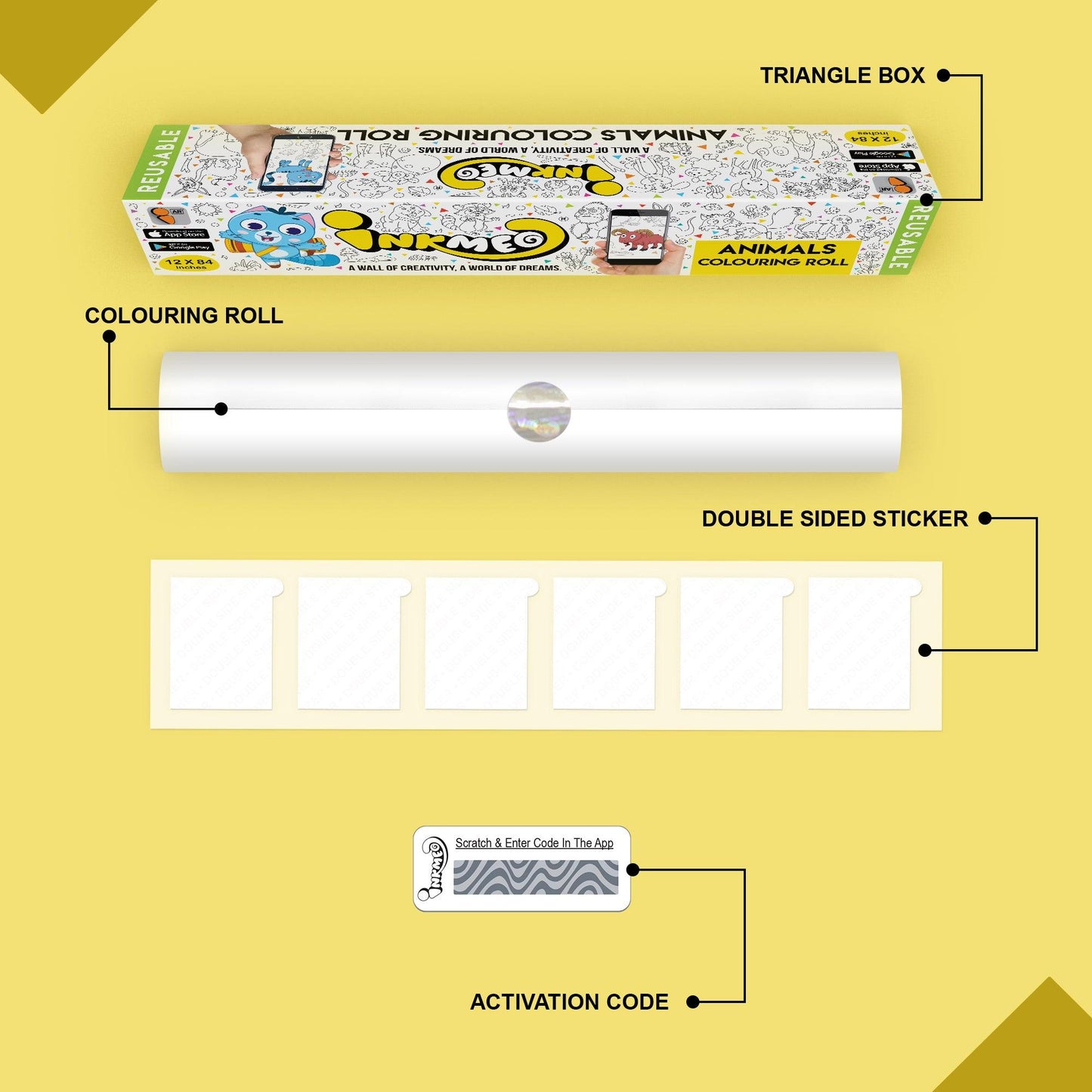 The image depicts a yellow background with a single triangular box, a coloring roll, 6 double-sided stickers, 12 colored crayons, and an activation code