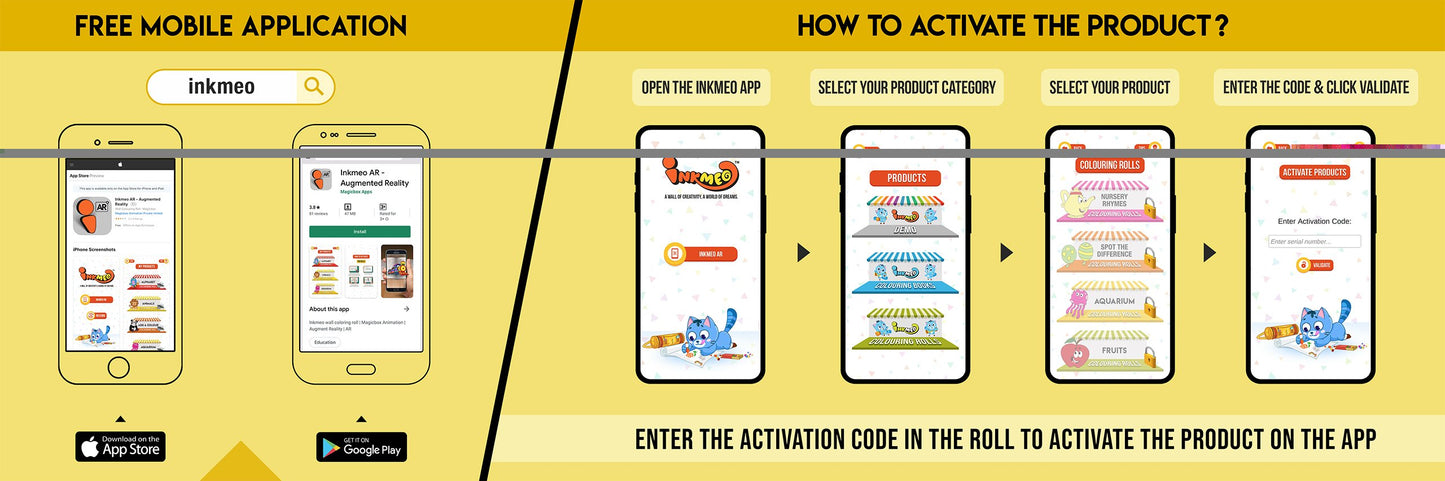 The image has a yellow background which is divided into two parts. The first part shows a free mobile application for downloading the Inkmeo app in the App Store and Google Store. The second part shows four mobile phones with the caption "To open the Inkmeo app, select your product category, select your product, and enter the code & click validate.