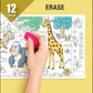 The image depicts three pictures: the first picture shows coloring with crayons, the second image portrays erasing with a normal eraser, and the third image shows scanning the image to enjoy the AR experience.