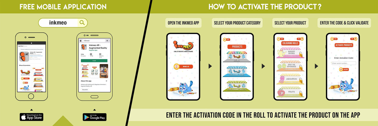 The image has a green background which is divided into two parts. The first part shows a free mobile application for downloading the Inkmeo app in the App Store and Google Store. The second part shows four mobile phones with the caption "To open the Inkmeo app, select your product category, select your product, and enter the code & click validate.