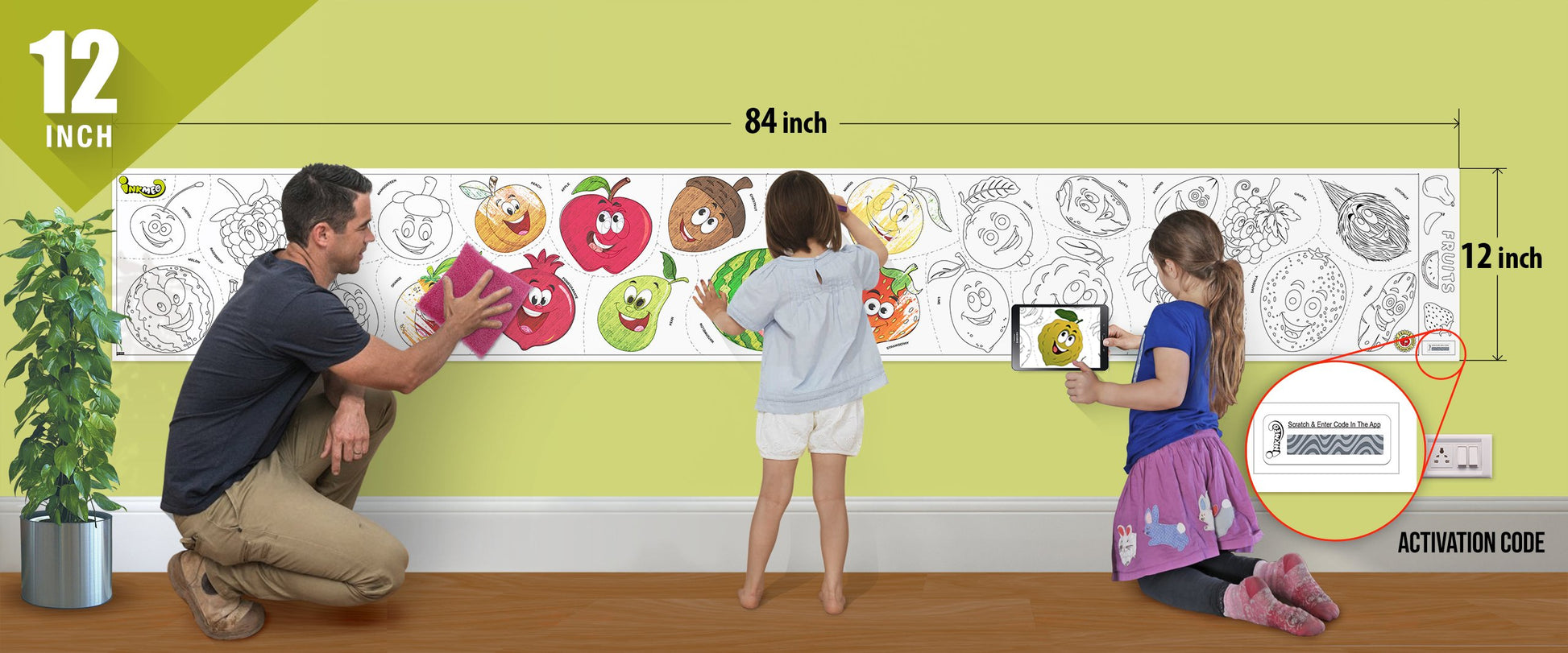 The image depicts a father and his two daughters enjoying a bonding moment while colouring fruits sheet attached to the wall.