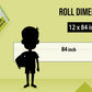 The image shows a green background with a ruler indicating child and adult height on an 12*84 inch paper roll dimension.