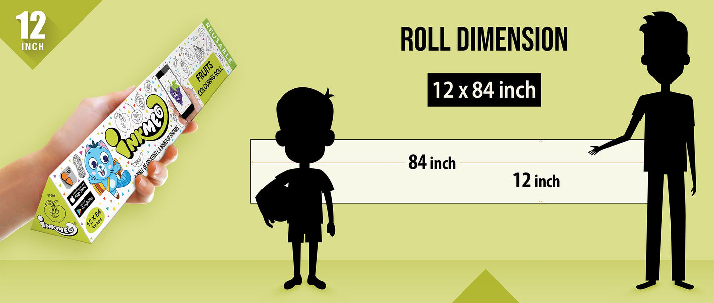 The image shows a green background with a ruler indicating child and adult height on an 12*84 inch paper roll dimension.