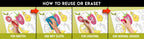 The image has a green background with four pictures demonstrating how to reuse or erase: the first picture depicts sketching on the fruits sheet, the second shows using a wet cloth to remove sketches, the third image displays crayons colouring on the fruits sheet, and the fourth image illustrates erasing crayons with a regular eraser.
