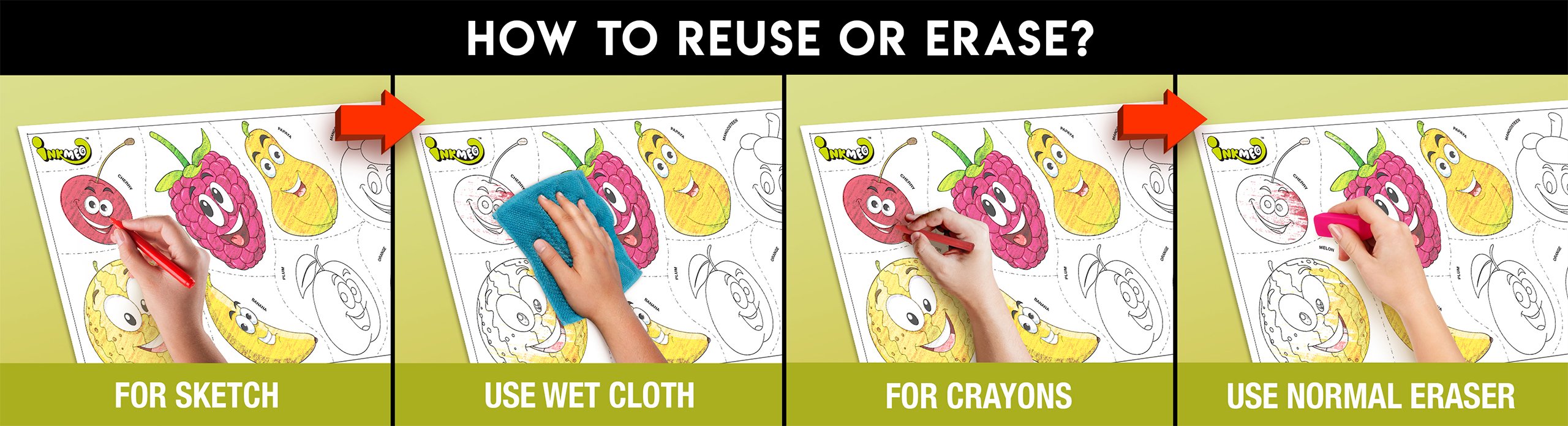 The image has a green background with four pictures demonstrating how to reuse or erase: the first picture depicts sketching on the fruits sheet, the second shows using a wet cloth to remove sketches, the third image displays crayons colouring on the fruits sheet, and the fourth image illustrates erasing crayons with a regular eraser.