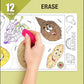 The image depicts three pictures: the first picture shows coloring with crayons, the second image portrays erasing with a normal eraser, and the third image shows scanning the image to enjoy the AR experience.