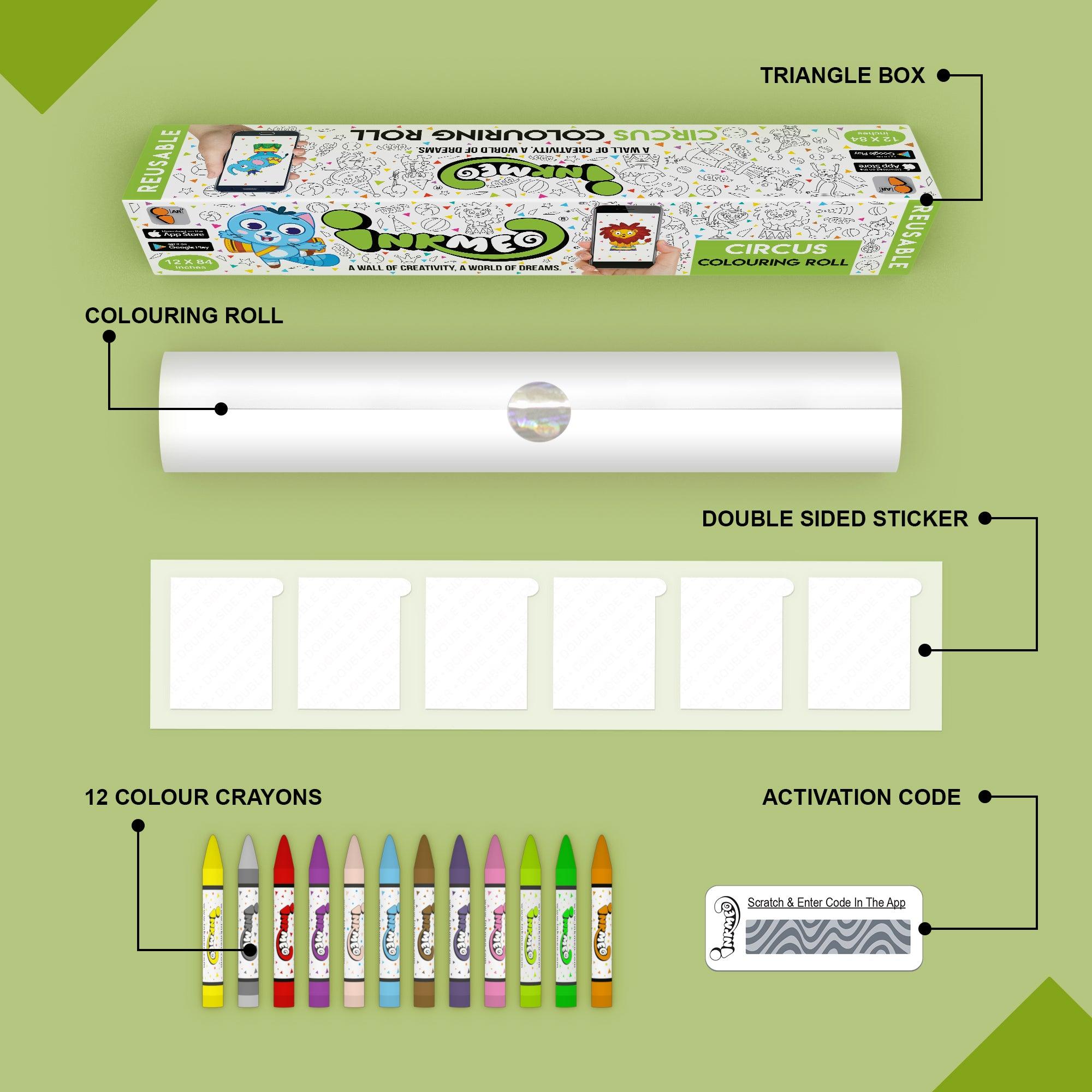 The image depicts a green background with a single triangular box, a coloring roll, 6 double-sided stickers, 12 colored crayons, and an activation code.