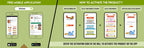 The image has a green background which is divided into two parts. The first part shows a free mobile application for downloading the Inkmeo app in the App Store and Google Store. The second part shows four mobile phones with the caption "To open the Inkmeo app, select your product category, select your product, and enter the code & click validate.
