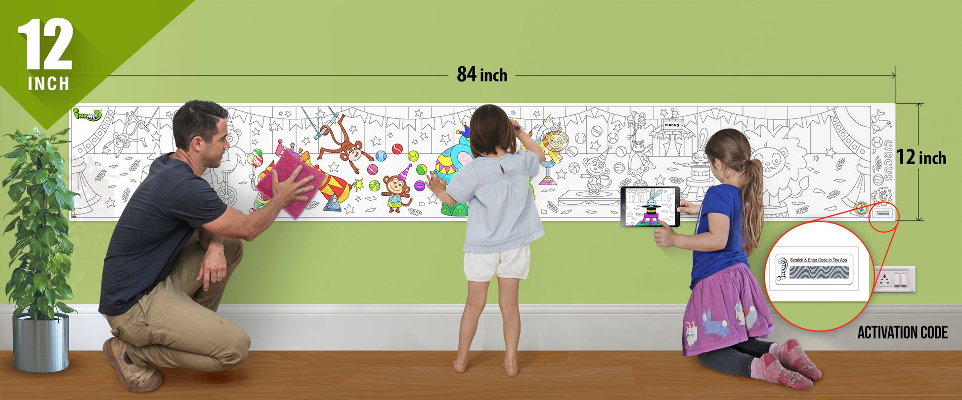 The image depicts a father and his two daughters enjoying a bonding moment while colouring circus sheet attached to the wall.