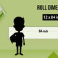 The image shows a green background with a ruler indicating child and adult height on an 12*84 inch paper roll dimension.