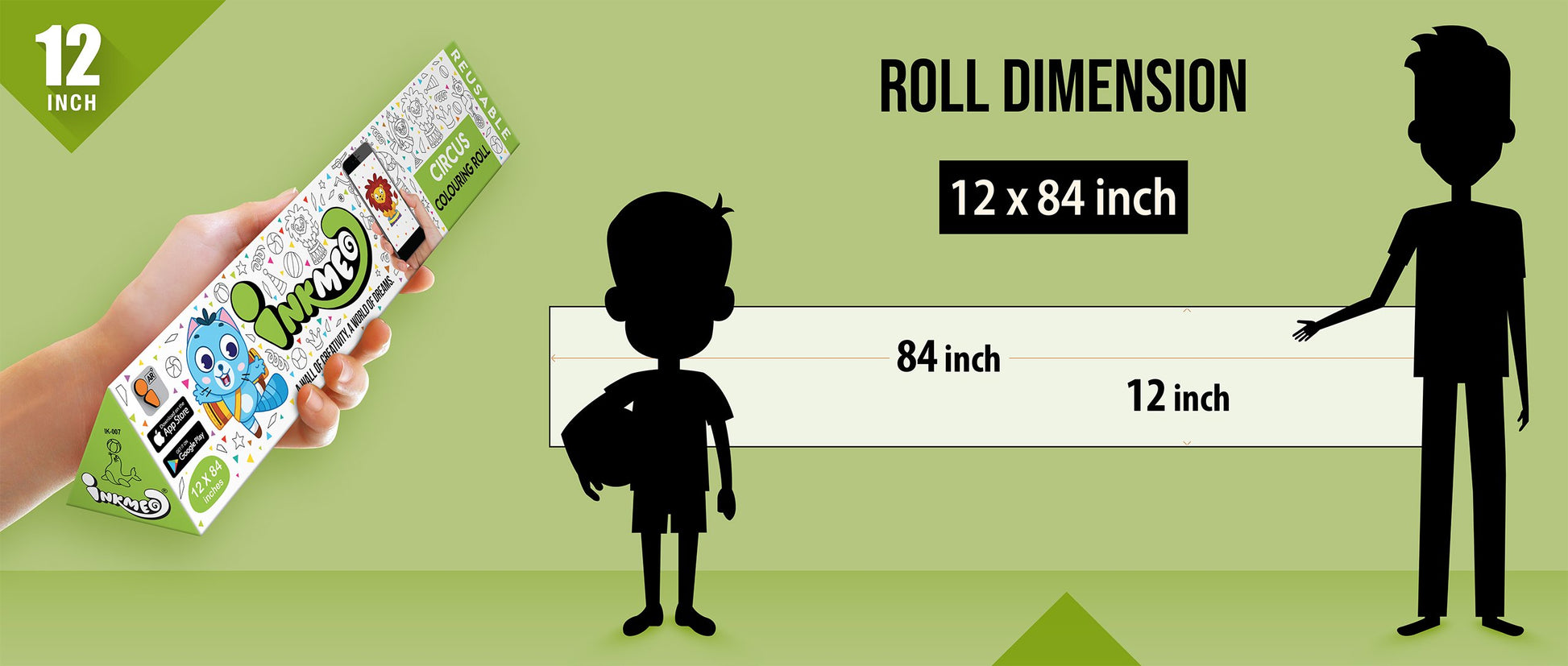 The image shows a green background with a ruler indicating child and adult height on an 12*84 inch paper roll dimension.