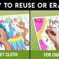The image has a green background with four pictures demonstrating how to reuse or erase: the first picture depicts sketching on the fruits sheet, the second shows using a wet cloth to remove sketches, the third image displays crayons colouring on the fruits sheet, and the fourth image illustrates erasing crayons with a regular eraser.