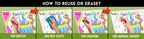 The image has a green background with four pictures demonstrating how to reuse or erase: the first picture depicts sketching on the fruits sheet, the second shows using a wet cloth to remove sketches, the third image displays crayons colouring on the fruits sheet, and the fourth image illustrates erasing crayons with a regular eraser.