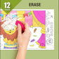 The image depicts three pictures: the first picture shows coloring with crayons, the second image portrays erasing with a normal eraser, and the third image shows scanning the image to enjoy the AR experience.