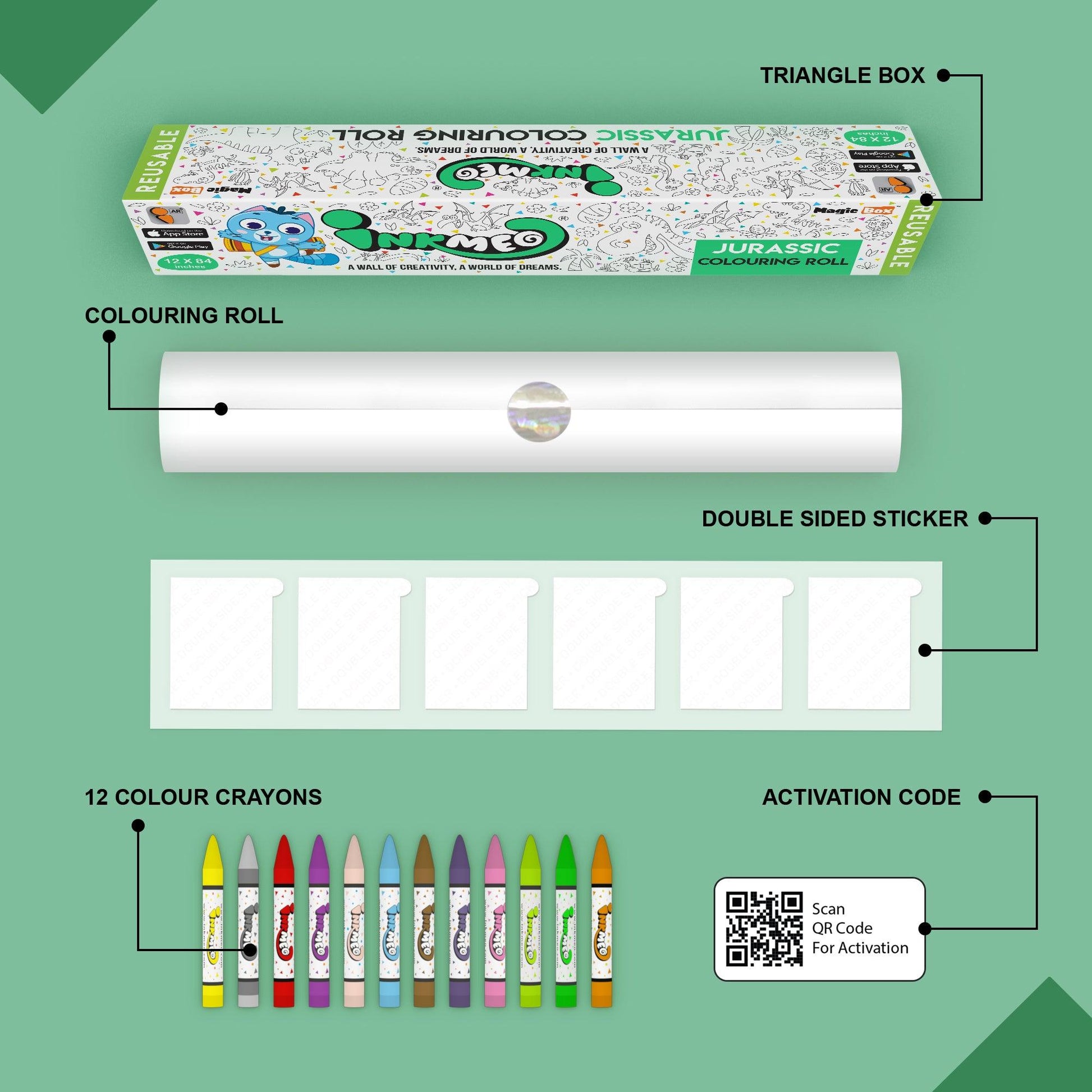 The image depicts a green background with a single triangular box, a coloring roll, 6 double-sided stickers, 12 colored crayons, and an activation code.