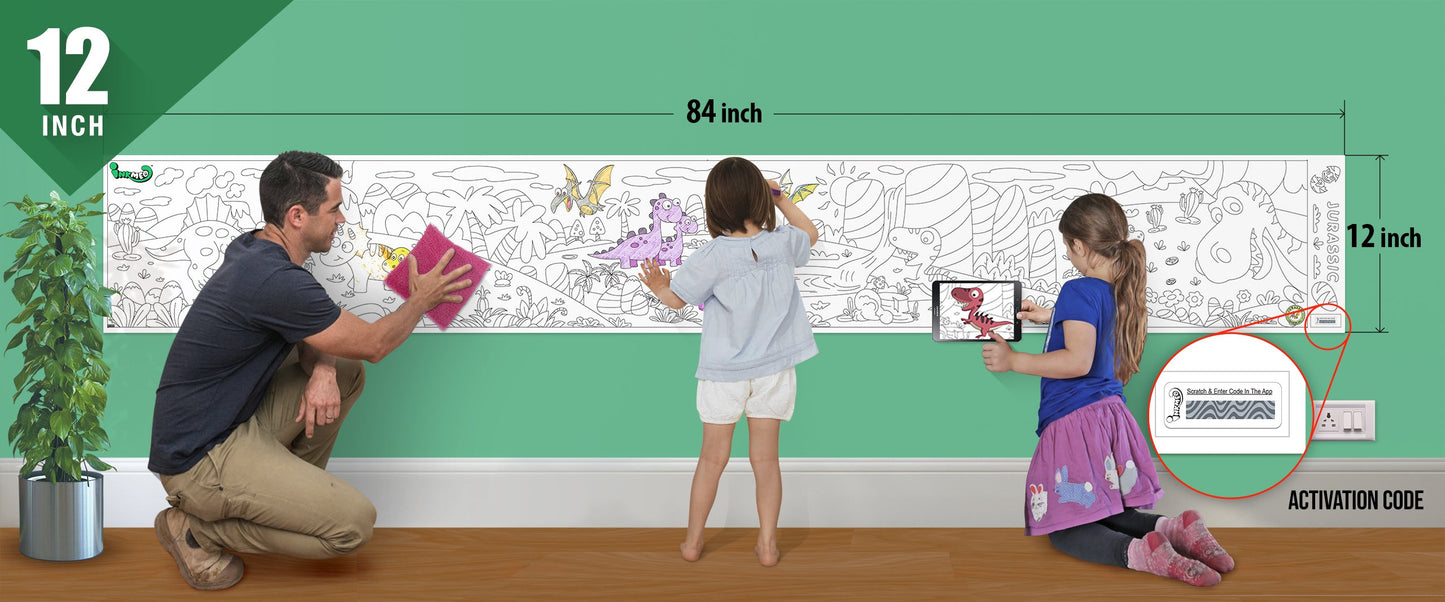The image depicts a father and his two daughters enjoying a bonding moment while colouring jurassic sheet attached to the wall.