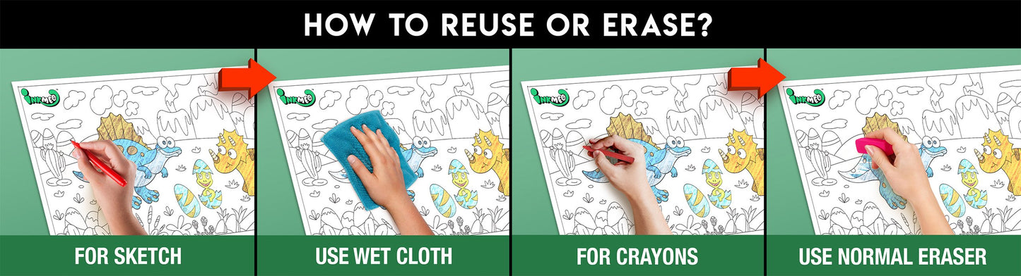  The image has a green background with four pictures demonstrating how to reuse or erase: the first picture depicts sketching on the jurassic sheet, the second shows using a wet cloth to remove sketches, the third image displays crayons colouring on the jurassic sheet, and the fourth image illustrates erasing crayons with a regular eraser.