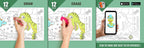 The image depicts three pictures: the first picture shows coloring with crayons, the second image portrays erasing with a normal eraser, and the third image shows scanning the image to enjoy the AR experience.