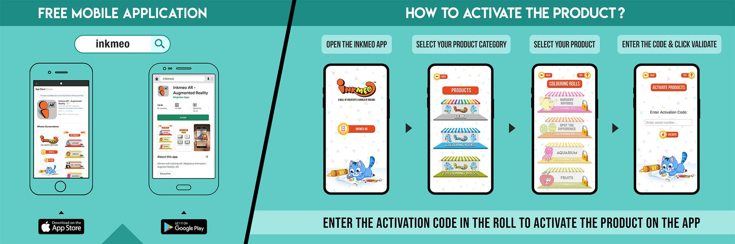 The image has a green background which is divided into two parts. The first part shows a free mobile application for downloading the Inkmeo app in the App Store and Google Store. The second part shows four mobile phones with the caption "To open the Inkmeo app, select your product category, select your product, and enter the code & click validate.