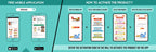 The image has a green background which is divided into two parts. The first part shows a free mobile application for downloading the Inkmeo app in the App Store and Google Store. The second part shows four mobile phones with the caption "To open the Inkmeo app, select your product category, select your product, and enter the code & click validate.